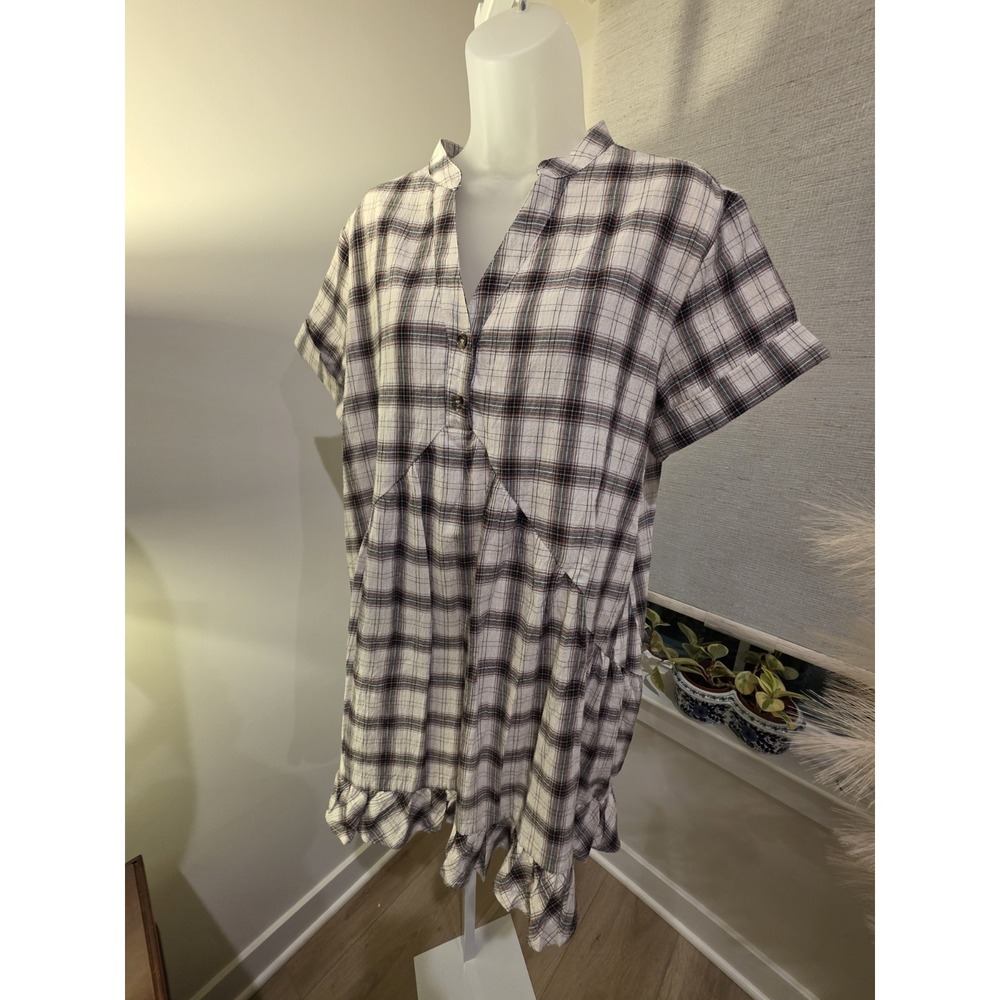 Crinkle Cotton Plaid Babydoll Midi Dress S Brown/White Boho Beachy NWOT - Picture 11 of 16